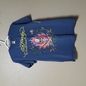 Ed Hardy by Christian Audigier Crewneck Bling Tshirt Skull Rose Dagger Flames